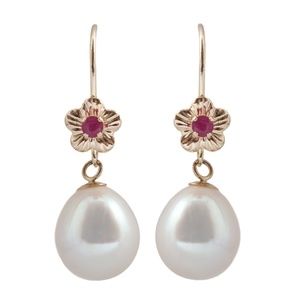 14K Gold Earrings with Genuine Pearl and Ruby